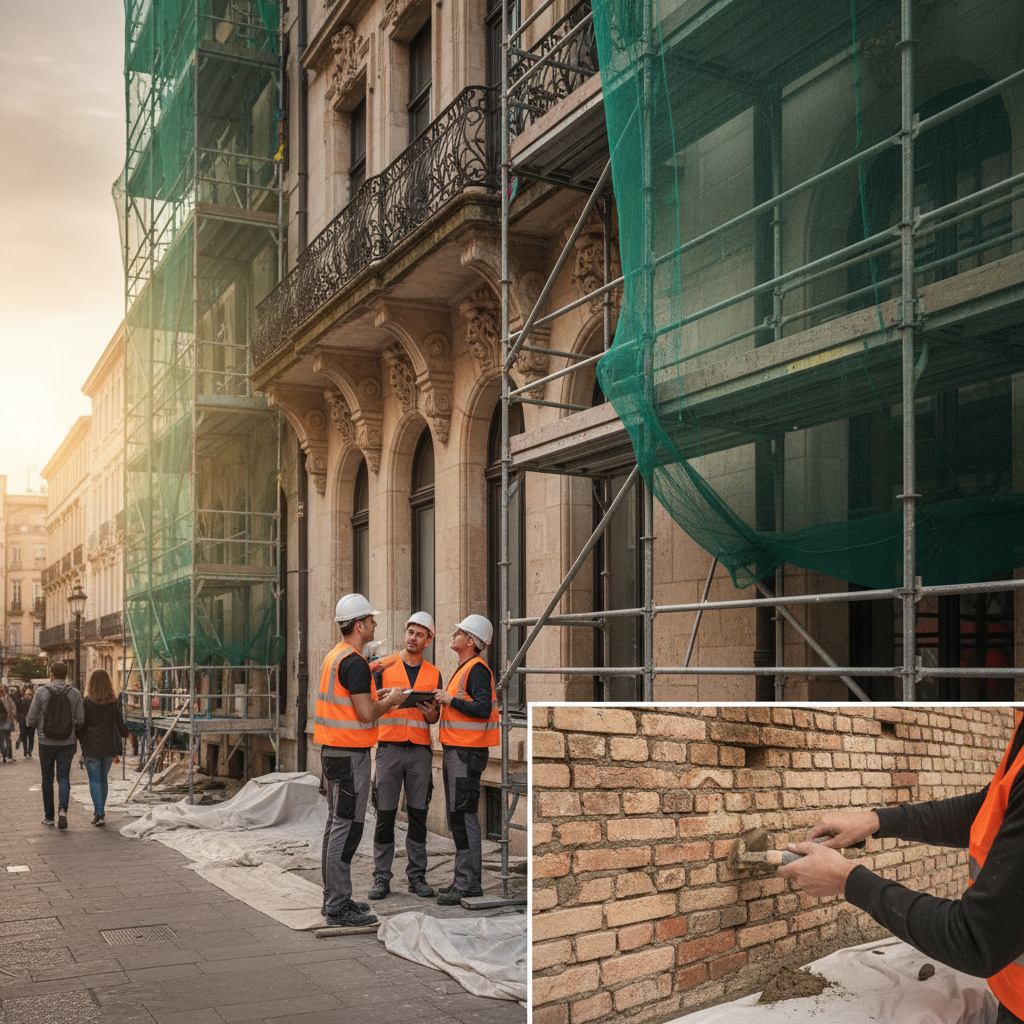 Team bei der Fassadenbegutachtung in urbaner Umgebung
